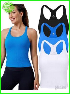 Women's Ribbed Workout Tank Tops with Built in Bra Racerback Seamless Crop Tank